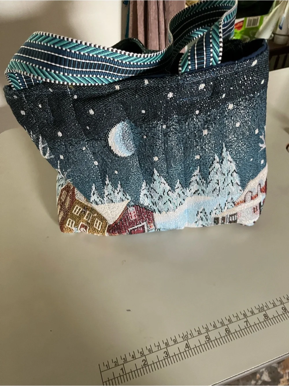 Tapestry Winter Village Tote Bag in colorful print
